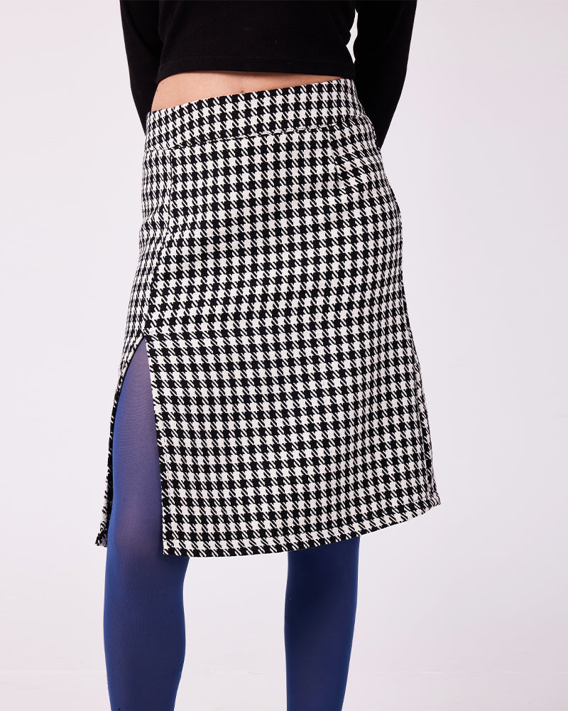 Siyah-Beyaz Kazayağı Midi Etek