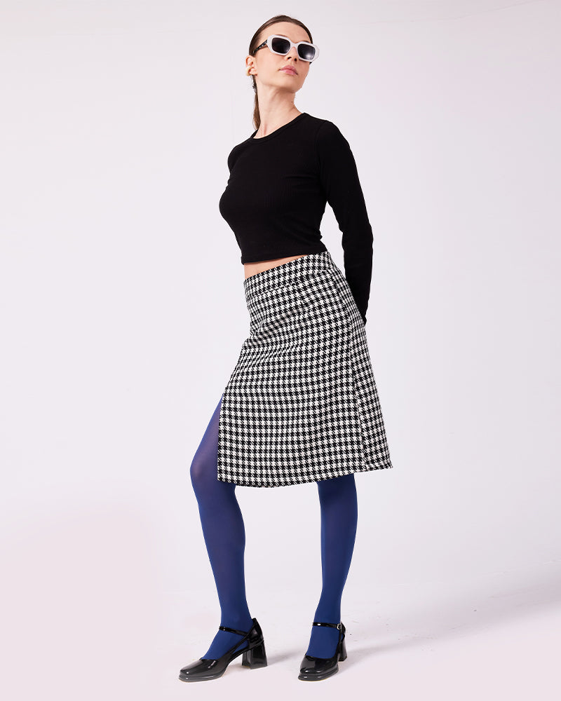 Siyah-Beyaz Kazayağı Midi Etek