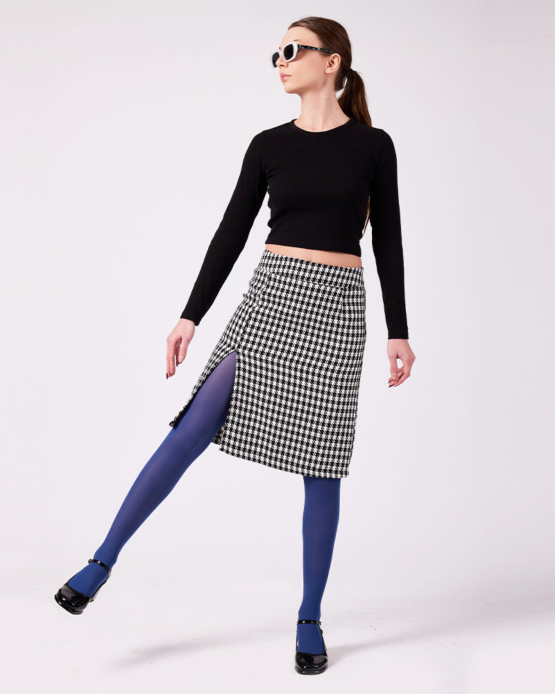 Siyah-Beyaz Kazayağı Midi Etek