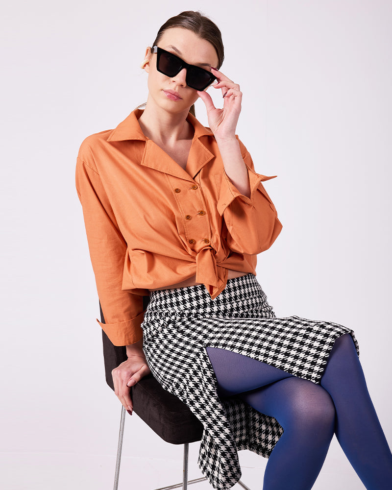 Siyah-Beyaz Kazayağı Midi Etek