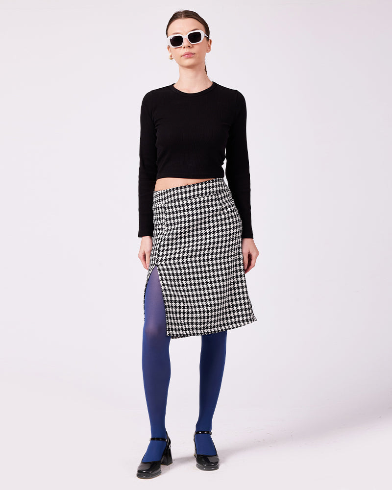 Siyah-Beyaz Kazayağı Midi Etek